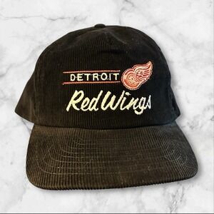 Vintage NHL Detroit Red Wings Corduroy Snapback Cap Hat 80s Annco Black Rare‎